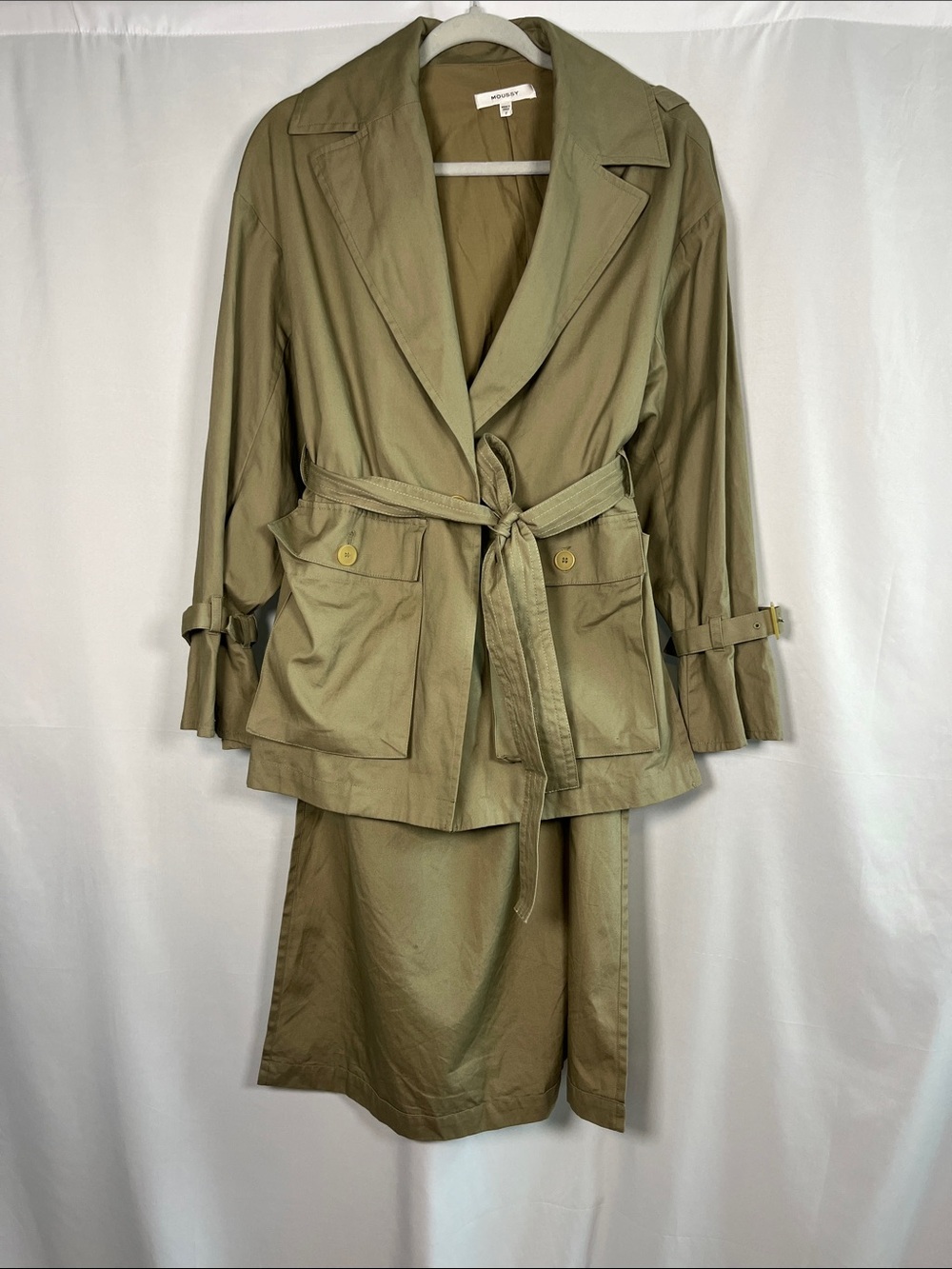 MOUSSY vintage khaki 100% cotton  utilitarian belted trench coat OSFA